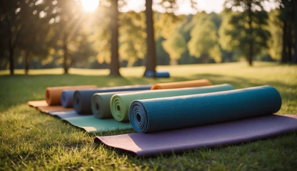 A group of yoga mats laid out on a grassy field, surrounded by trees and bathed in warm sunlight, with a serene and peaceful atmosphere