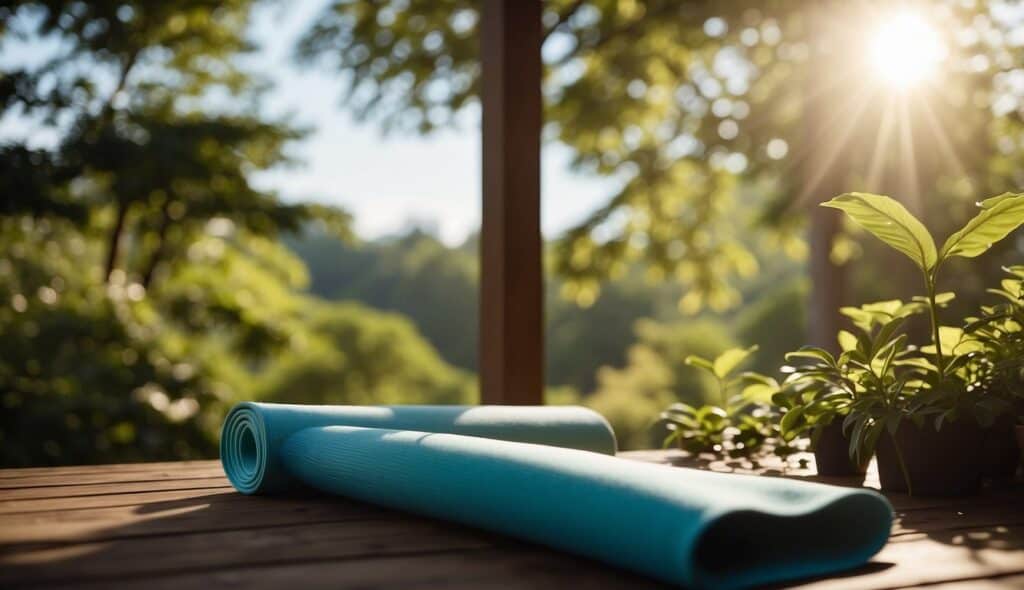 A serene outdoor setting with a yoga mat, surrounded by lush greenery and a clear blue sky. Sunlight filters through the trees, creating a peaceful and tranquil atmosphere for the yoga practice