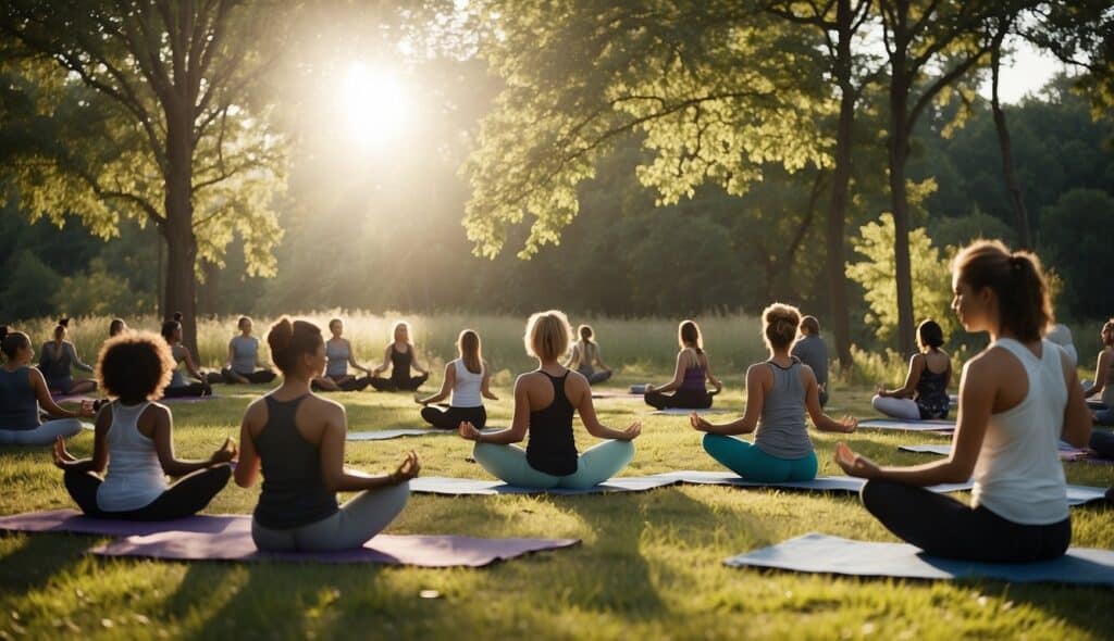 People participating in outdoor yoga events, surrounded by nature and sunlight, practicing various poses and breathing exercises