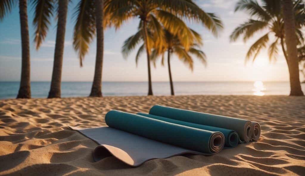 A serene beach at sunset with yoga mats laid out, surrounded by palm trees and the sound of gentle waves crashing in the background