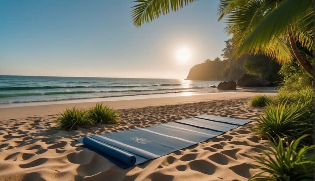 A serene beach with a yoga mat, surrounded by lush greenery and a calm ocean, with the words "Planung und Buchung Ihrer Yoga-Reise Yoga-Reisen weltweit" written in the sky