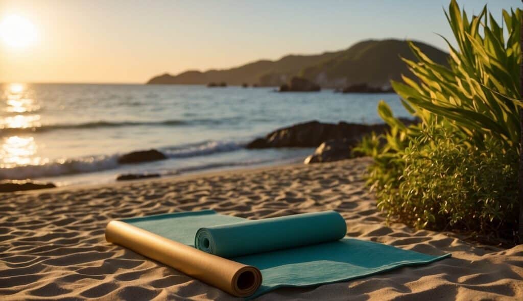 A serene beach with a yoga mat, surrounded by lush greenery and a calm ocean. Sunrise or sunset casting a warm, golden glow over the scene